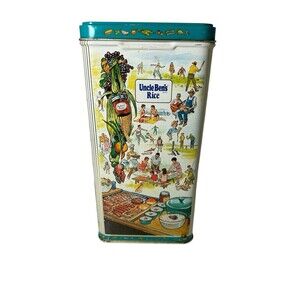 Uncle Ben’s Vintage Tin Rice Can Square 1987 Family BBQ Picnic Scenes 8.5" Tall